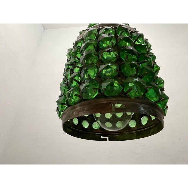Small green crystal light pendant 1960’s aluminum frame with green crystals height including chain and ceiling canopy 79...