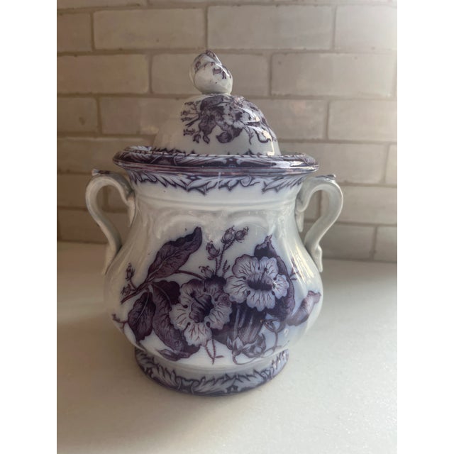 Antique Purple Transferware Sugar Bowl With Lilies and Rosebud Finial For Sale - Image 4 of 8