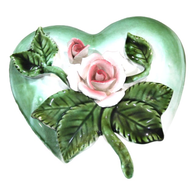 1950s Cottagecore Shabby Chic Porcelain Rose Covered Box For Sale