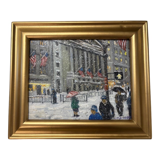 Christopher Willett, "Wall Street at Rush Hour" Oil on Masonite For Sale