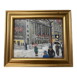 Christopher Willett, "Wall Street at Rush Hour" Oil on Masonite