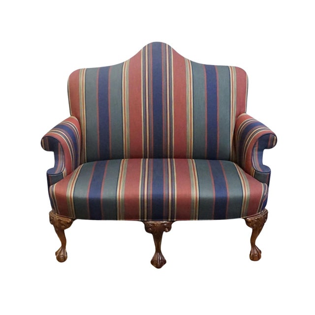 Chippendale High End Vintage Solid Mahogany Traditional Style 54" High Camelback Loveseat Settee W. Striped Upholstery For Sale - Image 3 of 9