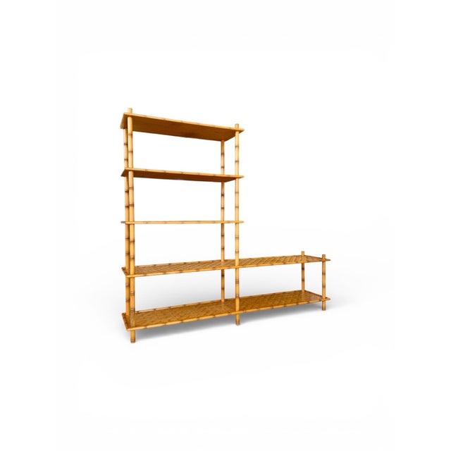 Vintage Boho Faux Bamboo Style Tiered Shelf With Rattan Parquetry Weave For Sale - Image 12 of 12