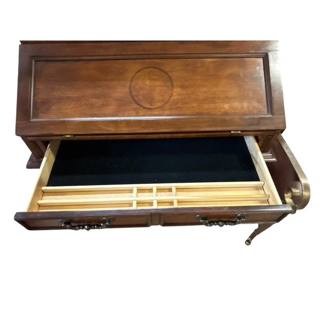 Late 20th Century Traditional Cherry Secretary Desk With Tambour Storage and Compass Inlay French Style Secretary Desk With Inlay For Sale - Image 5 of 12