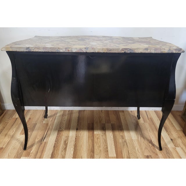 Vintage Louis XV Style Black Lacquered & Painted Marble Top Bronze Mounted Commode For Sale - Image 12 of 18