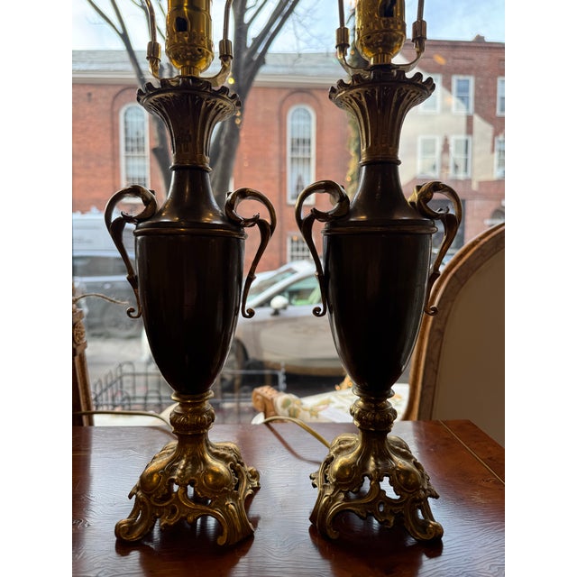 Vintage Neoclassical Patinated Gilt Bronze/Brass Urn Style Lamps For Sale - Image 4 of 7