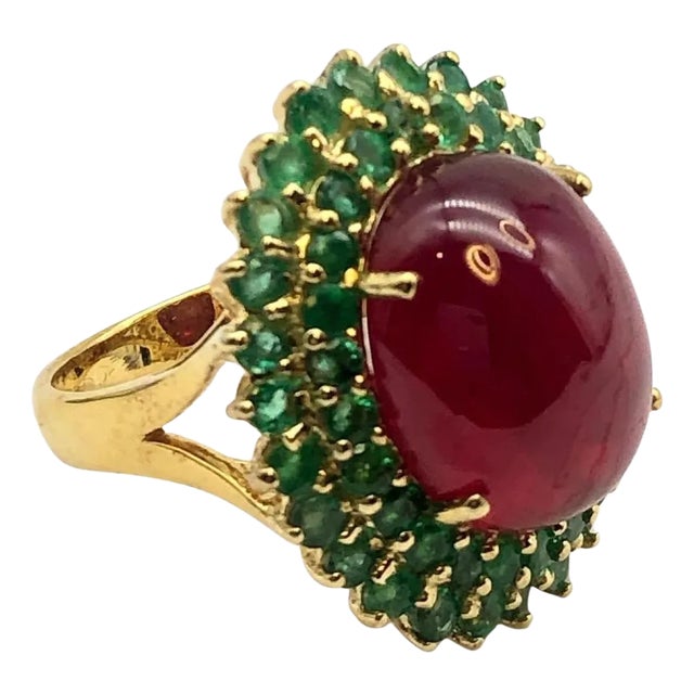 Bochic “Orient” Natural Emerald & Ruby Cocktail Ring Set In 18K Gold & Silver For Sale