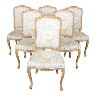 Set 6 Light Beechwood Louis XV Style Carved Dining Side Chairs For Sale