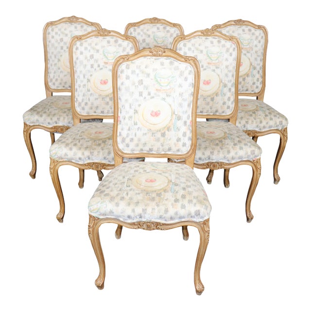 Set 6 Light Beechwood Louis XV Style Carved Dining Side Chairs For Sale