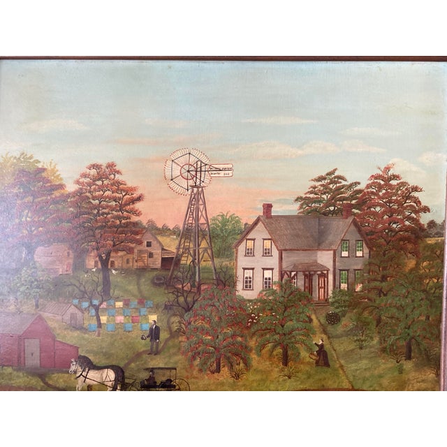 American School, 19th Century Farm Scene W/Halladay Standard Windmill Oil on Canvas Circa 1870 Windmill Inscribed Halladay Standard / Batavia,ILLS For Sale - Image 9 of 10