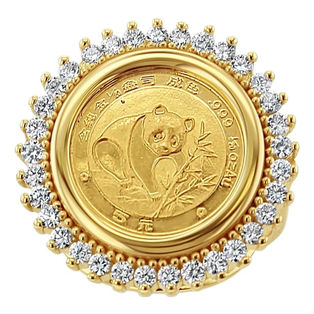 20th Ounce Panda Coin Ring with Diamond Halo, Size 8 For Sale