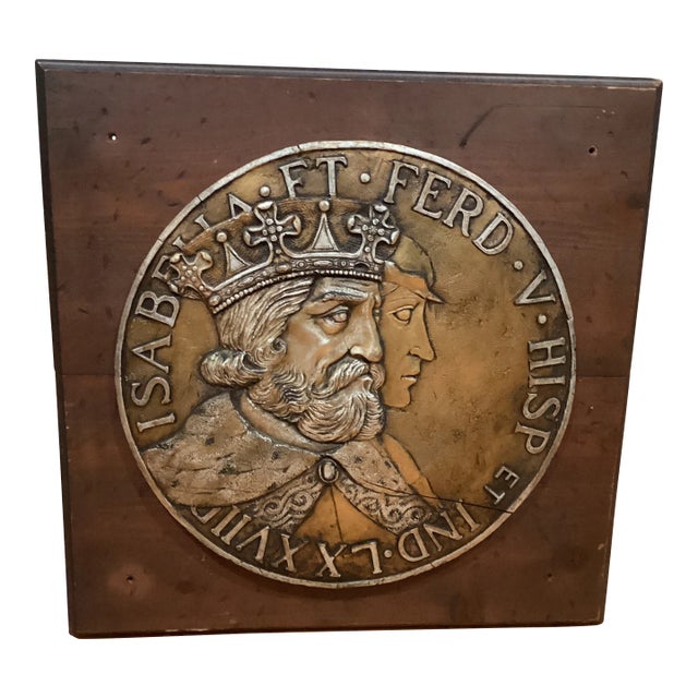 Mid 20th Century Spain Ferdinand & Isabella Coin/Medal Hand Carved in Exotic Wood For Sale