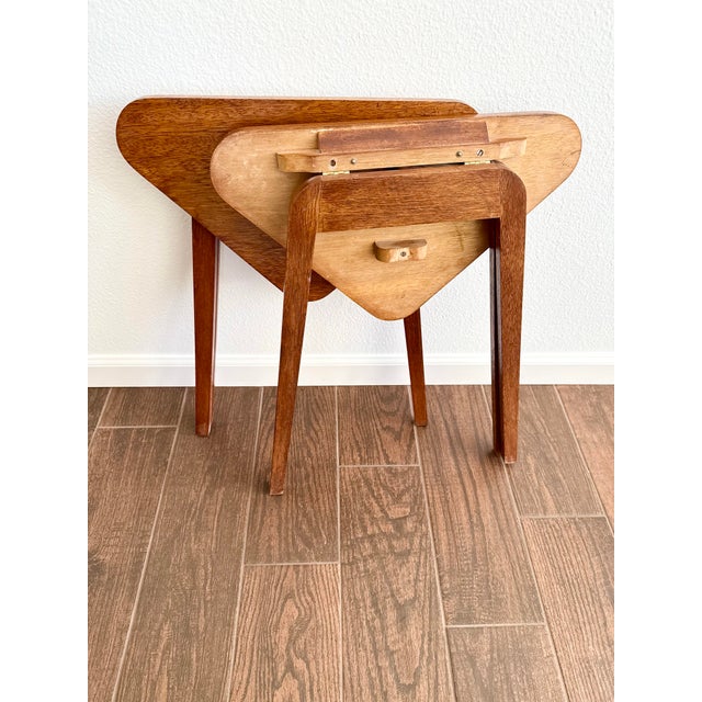 Brown Pair of Vintage Modern Folding Triangular Side Tables Artisan Made MCM For Sale - Image 8 of 12