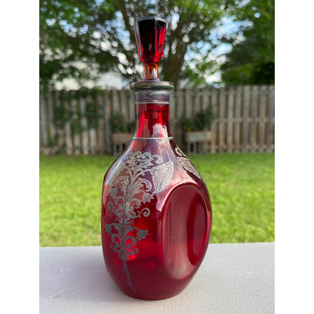 1930s Bohemian 10" Ruby Red Decanter Victorian Sterling Silver Overlay For Sale - Image 6 of 11