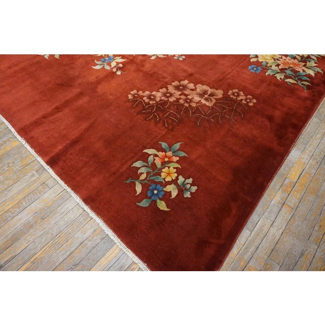 1930s Red Modernist Flowers Antique Chinese Art Deco Carpet 8'10'' X 11'4'' Knotted Wool Rug For Sale In New York - Image 6 of 12