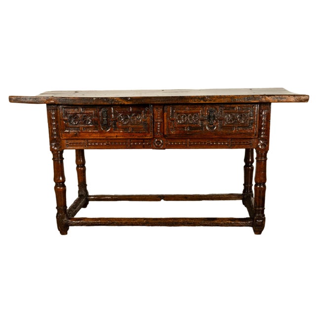 Baroque Antique Late 16th Century Spanish Baroque Carved Walnut Refectory Console Table Desk 1580 For Sale - Image 3 of 12