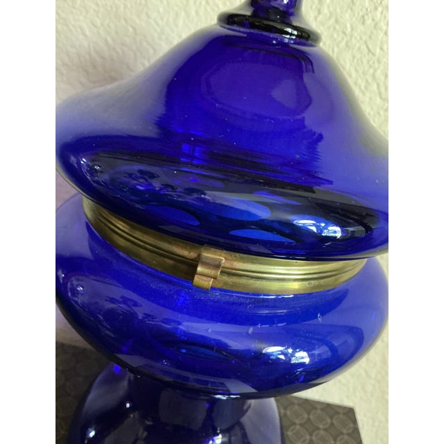 Vintage Cobalt Decanter W/ Metal Hinged Glass Top For Sale - Image 4 of 9