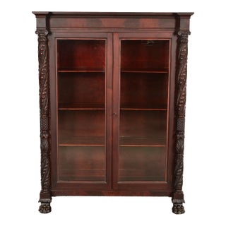 R. J. Horner Style Antique American Empire Flame Mahogany Glass Front Bookcase Cabinet, Circa 1890s For Sale