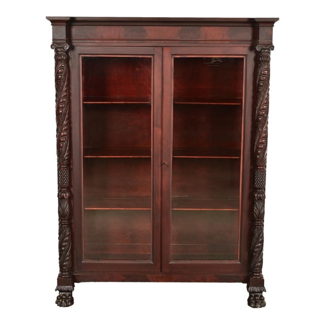 R. J. Horner Style Antique American Empire Flame Mahogany Glass Front Bookcase Cabinet, Circa 1890s For Sale