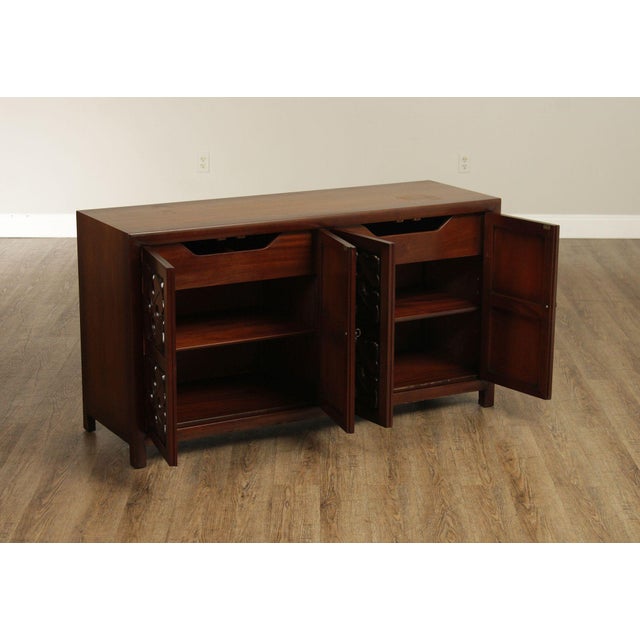 High Quality Vintage American Made Walnut Credenza Or Sideboard By Henredon Featuring Four Geometric Carved Panel Doors...