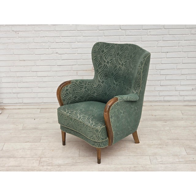 1960s Vintage Danish Lounge Chair in Green Furniture Velour and Beech Wood, 1960s For Sale - Image 5 of 18