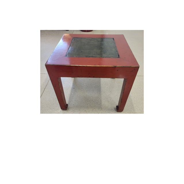 Chinese Antique Chinese Red Painted Side Table With Inset Slate Stone Top For Sale - Image 3 of 11