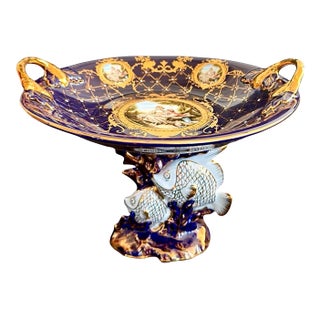 Limoges France Cobalt Blue Gold Fish Pedestal Compote Sèvres-Style Centerpiece Bowl For Sale