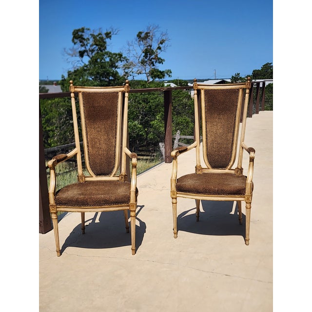 Pair of Louis XVI Style Arm Chirs in Leopard Fabric For Sale - Image 9 of 11