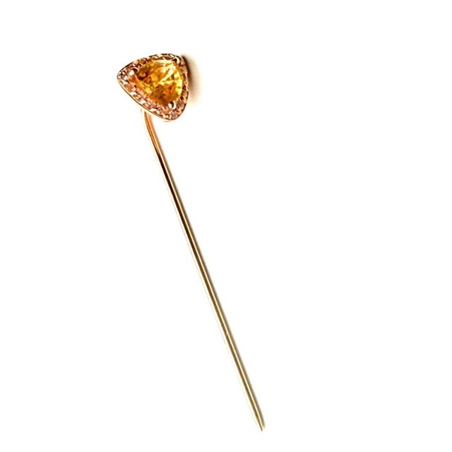 Metal 14k Yellow Gold Halo Diamond Pin Featuring a Triangular Ceylon Yellow Sapphire For Sale - Image 7 of 9