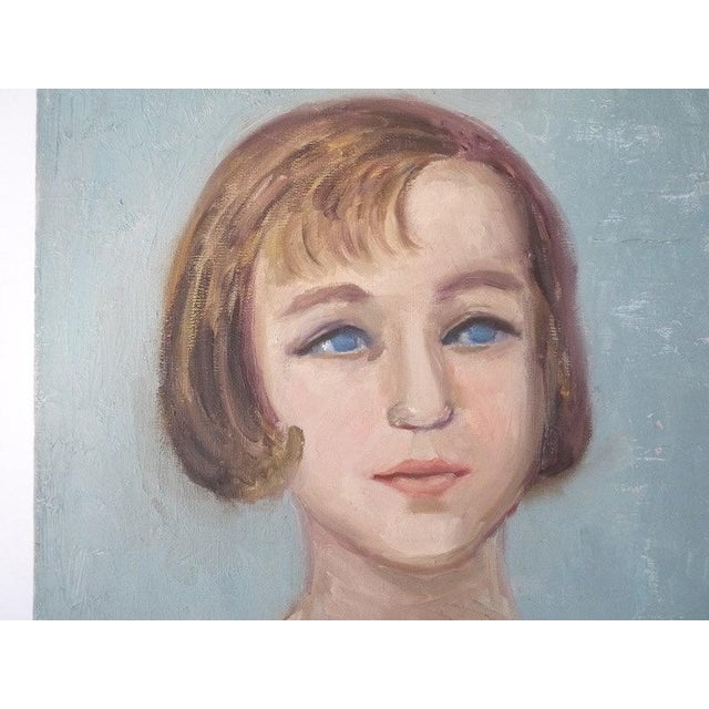 Textile 1970s French Oil Portrait Painting of a Blue Eyed Girl For Sale - Image 7 of 8