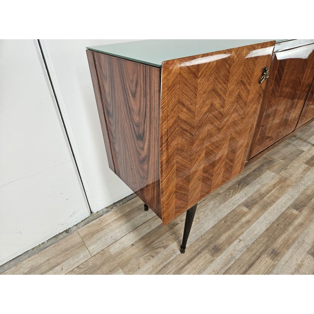 Wood Mid-Century Mahogany-Paneled Sideboard with Glass Top and Brass Handles, 1960 For Sale - Image 7 of 18