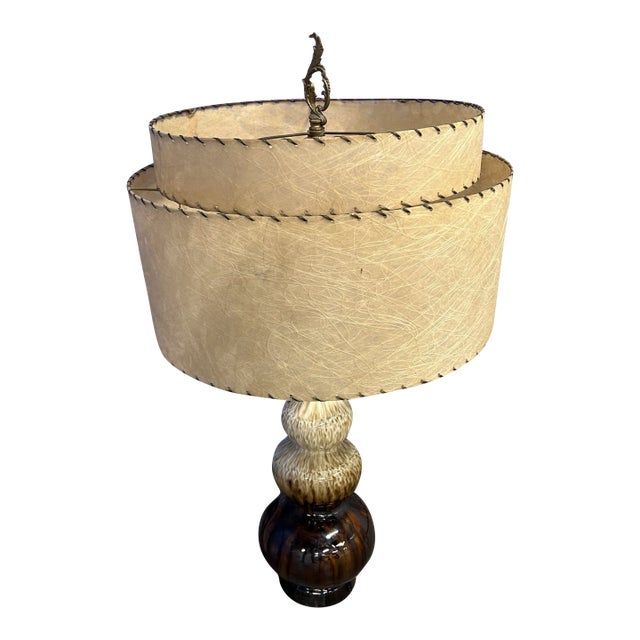 Vintage Mid Century Modern Table Lamp – Tiered Fiberglass Shade, Drip Glaze Ceramic Base For Sale