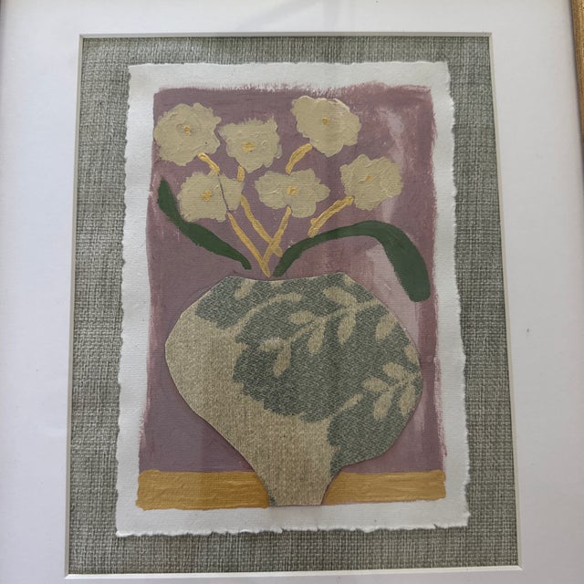 Original Framed Floral Painting With Fabric Collage Work. Featured on heavyweight paper with deckled edges. Matted on...