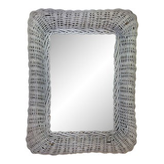 Vintage Small Whitewashed Wicker Mirror With Distressed Finish For Sale