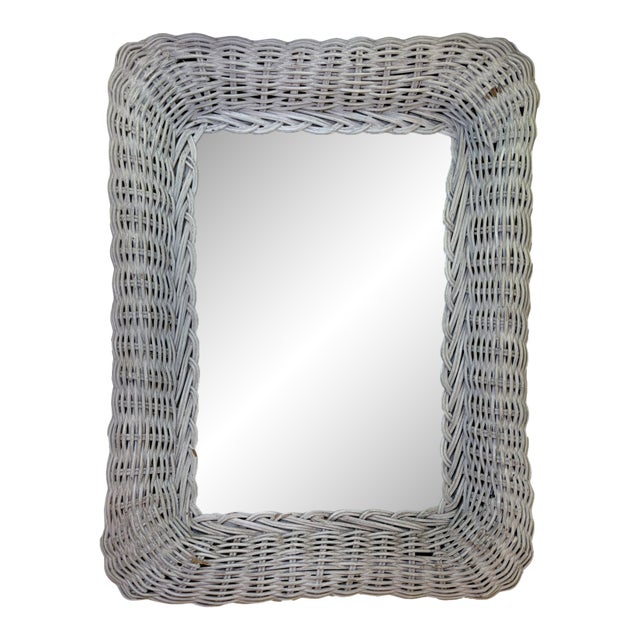 Vintage Small Whitewashed Wicker Mirror With Distressed Finish For Sale
