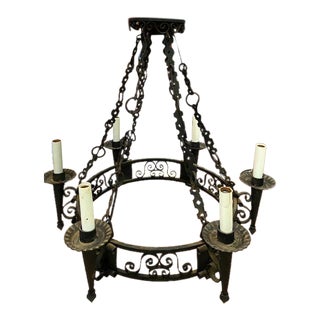 Old Wrought Iron Chandelier With Decorative Cut Work Chain For Sale