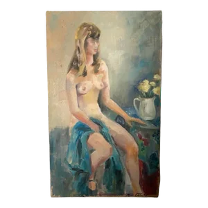 Vintage Oil Painting on Canvas of Female Nude, Signed Diane Ottenberg Circa 1950