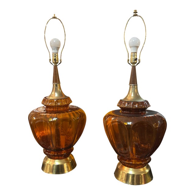Large Amber Glass, Brass and Wood Table Lamps a Pair For Sale
