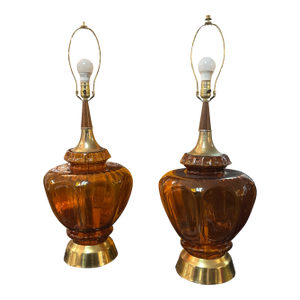 Large Amber Glass, Brass and Wood Table Lamps a Pair