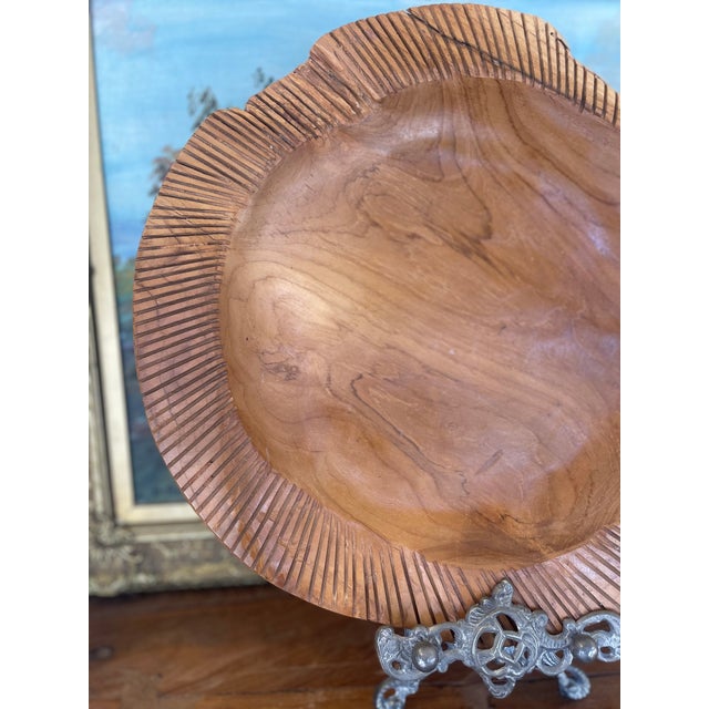 Mid-Century Hand-Carved Solid Wood Decorative Bowl With Chiseled Rim Detailing. For Sale - Image 4 of 10