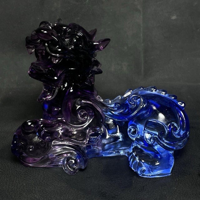 Glass Pair of Vintage Chinese Purple Glass / Liuli Kirin Sculptures - Feng Shui Wealth Guardians For Sale - Image 7 of 9