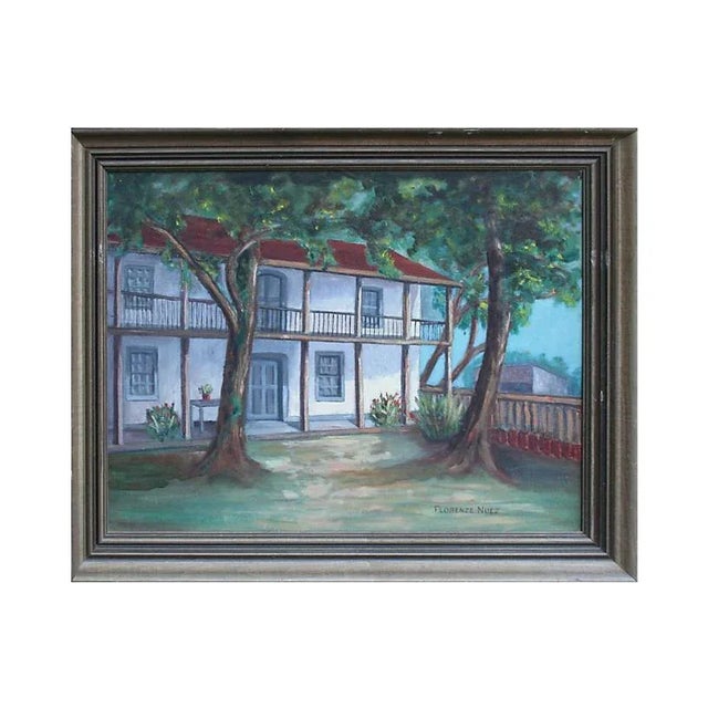 1950s 1950s "Old Spanish Garden" House Portrait Oil Painting by Florence Nuez, Framed For Sale - Image 5 of 5
