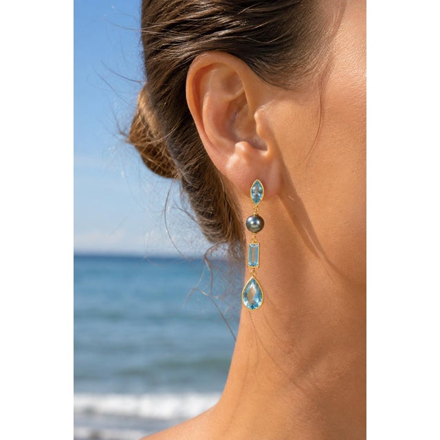 Metal Sky Blue Topaz & Pearl Drop Earrings Studs, Silver, Gold, Pair For Sale - Image 7 of 10