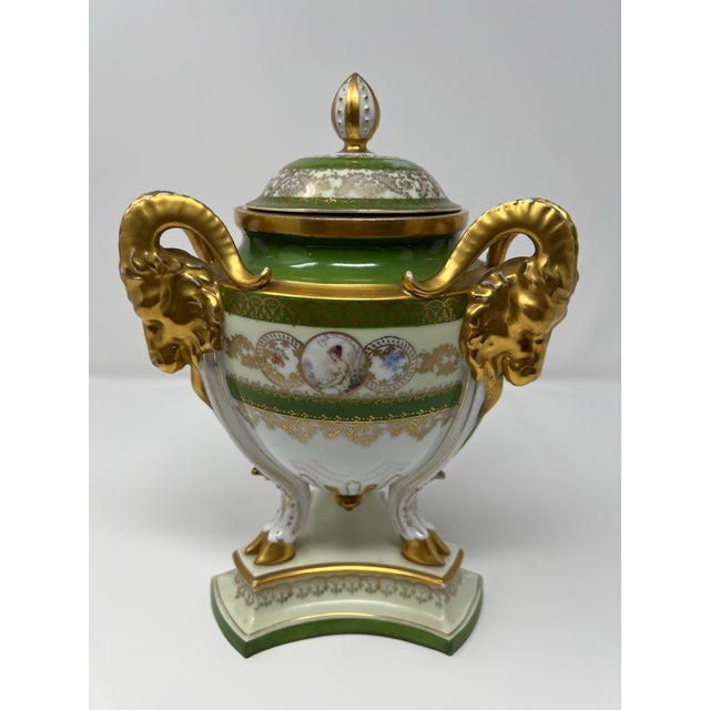 Traditional Antique Royal Bavaria “Louis Seize” Hand-Painted Portrait Urn With Ram Head Handles, Circa 1900 For Sale - Image 3 of 12