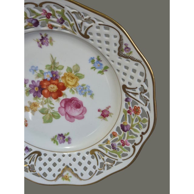 Oscar de la Renta Vintage Oscar De La Renta Plate From West Germany Painted Floral Pierced Edge For Sale - Image 4 of 8