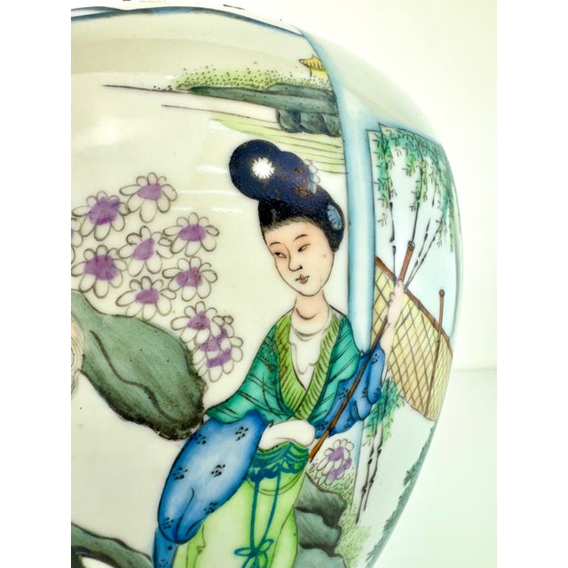 Vintage Hand-Painted Chinese Porcelain Jar With Courtyard Scene and Calligraphy, Lamp Ready For Sale - Image 9 of 15