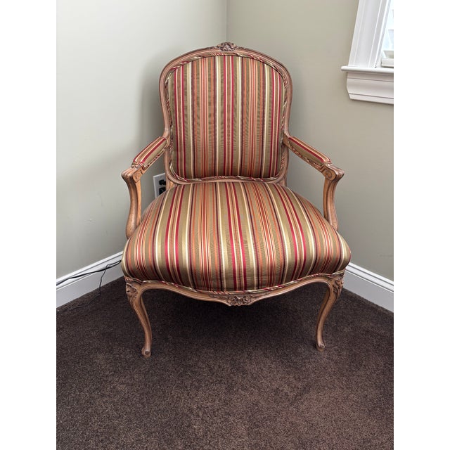 Pair of hand-carved French-style armchairs upholstered with horse hair stuffing. Both as a set only. Custom one of a kind....