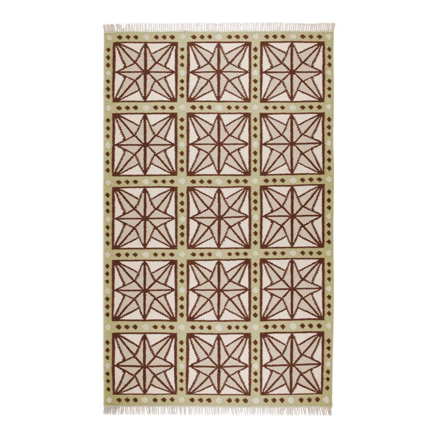 Part & Parcel Goods Wool Star Rug, 2’6” x 12', Celadon, Chocolate, Sage and Eggshell For Sale