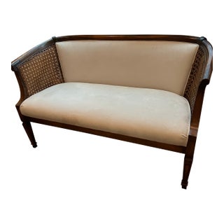 Vintage Wood & Cane Upholstered Settee / Loveseat For Sale