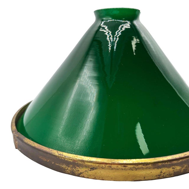 1920s Deco Banker/Poker Ceiling Light W/ 11" Brass Rim Green Glass Shade, 5 Available For Sale - Image 12 of 13